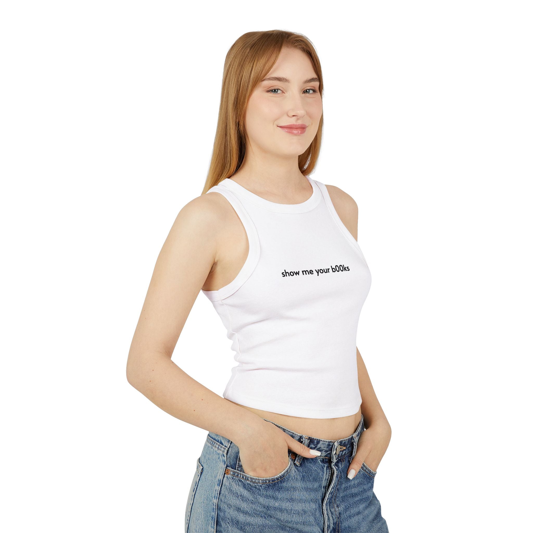 Women's Racer Tank Top — "show me your b00bs" Minimal Ribbed Crop