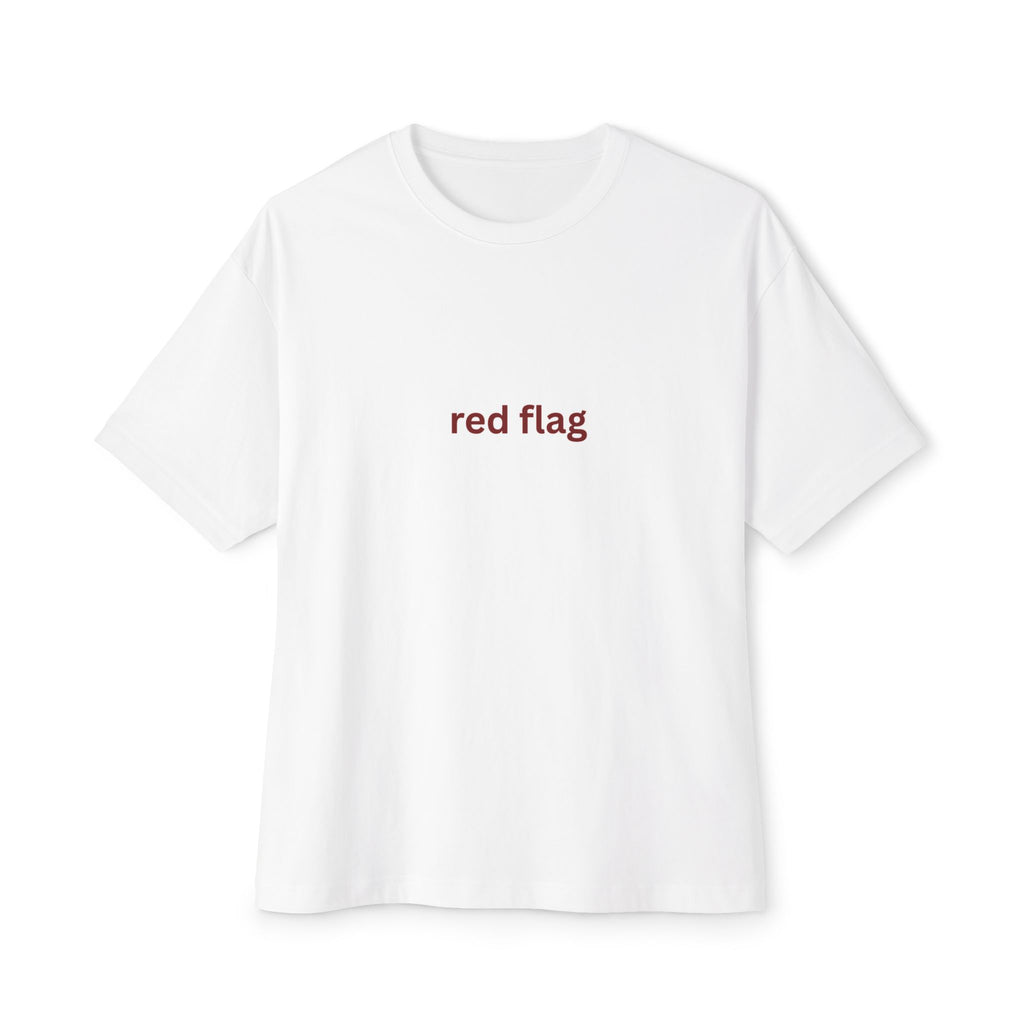 Red Flag Text Tee — Minimalist White Oversized Boxy T-Shirt